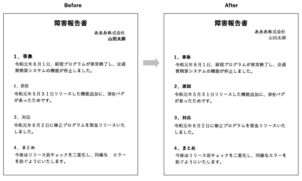「反復」修正前後比較。Excel,Word文章デザイン